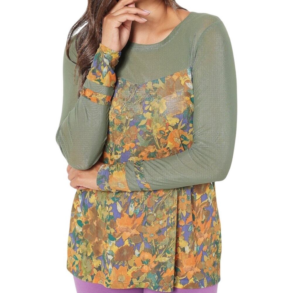 LOGO Layers by Lori Goldstein Printed Sheer‎ Mesh Top Floral Print Thyme LARGE